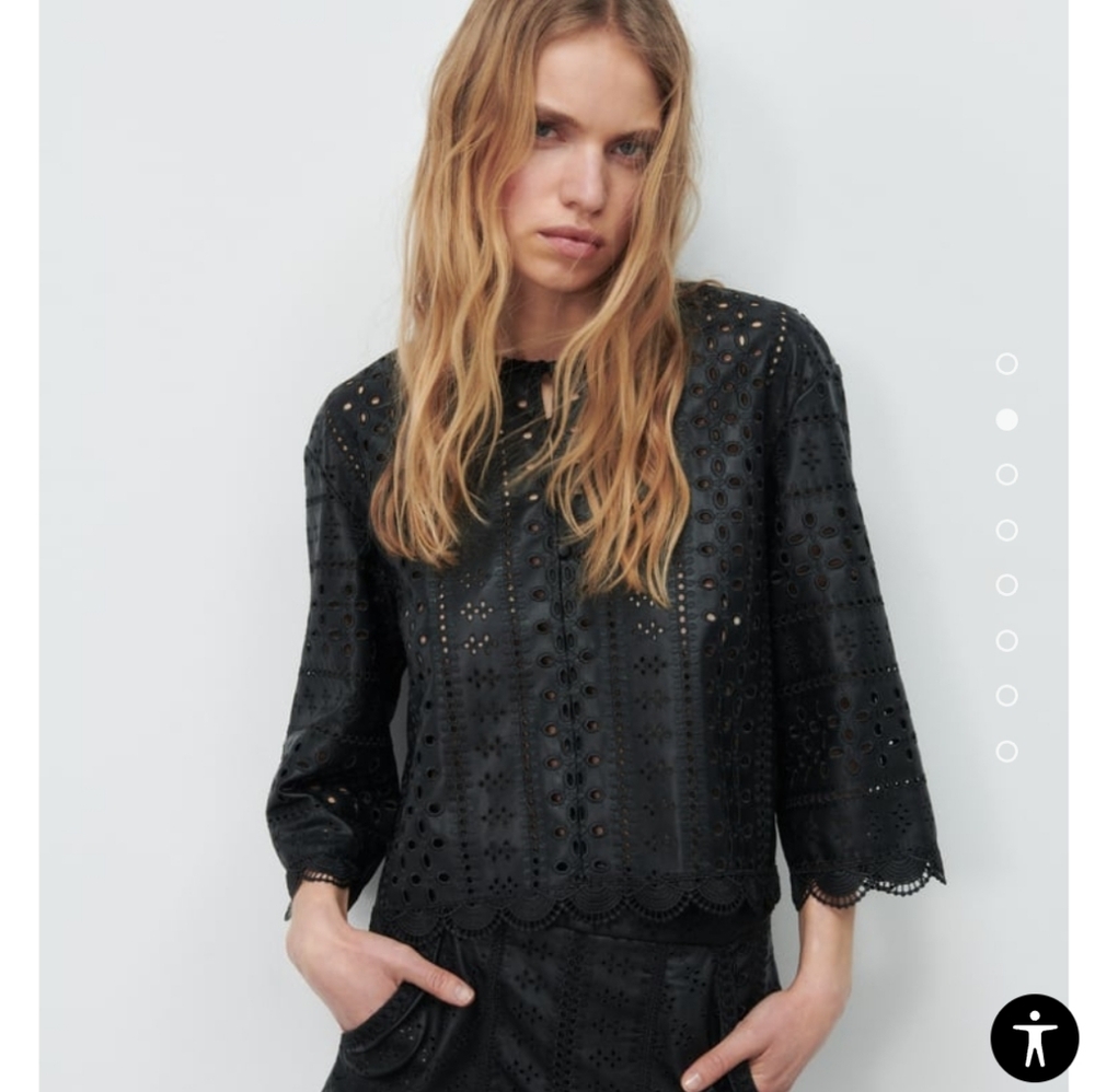 Zara Open Work Eyelet Vegan Leather Cropped Top Scalloped Hem Black Large